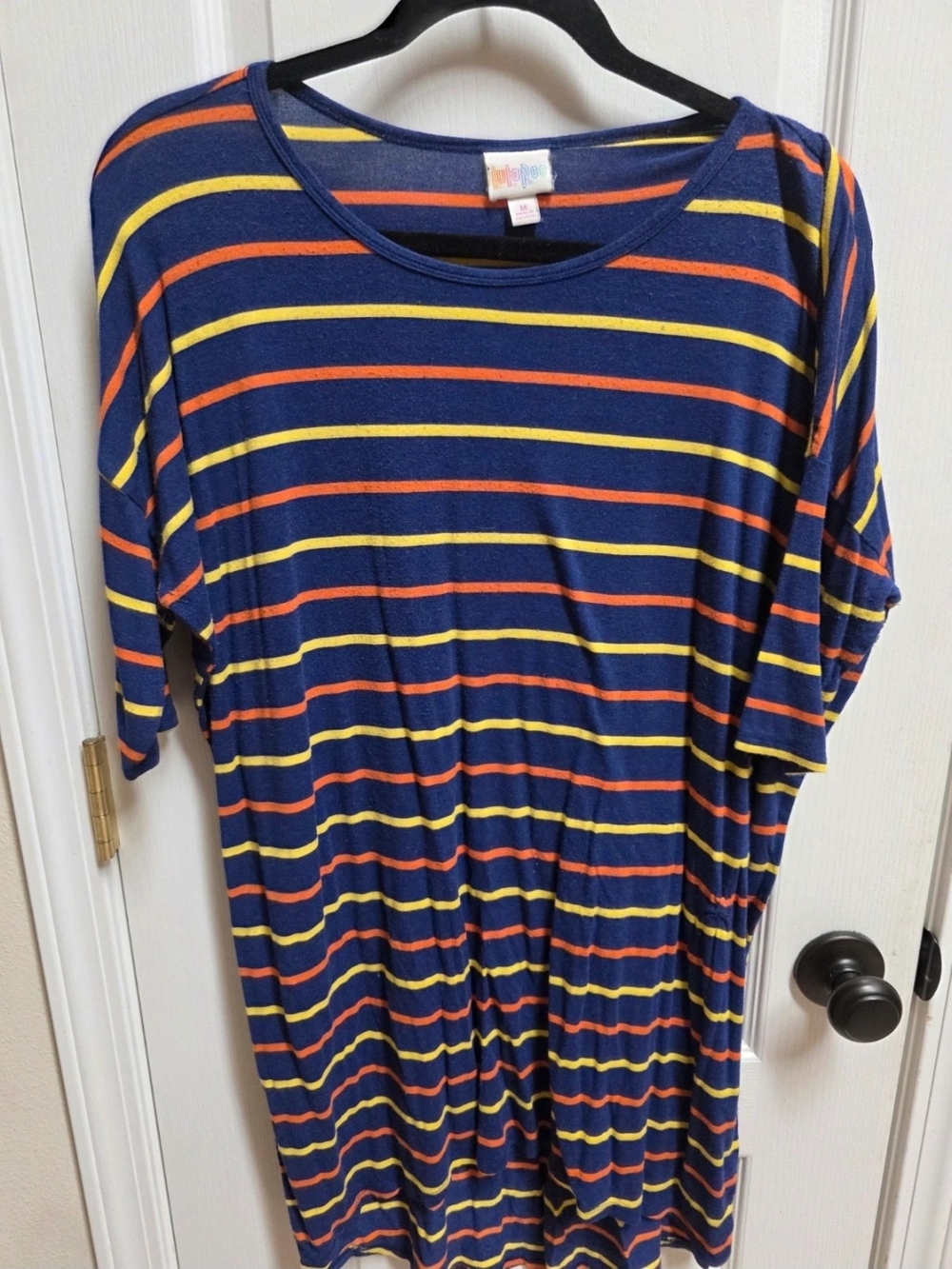 Women's Lularoe IRMA Navy Striped Tee with Yellow & Orange Stripes